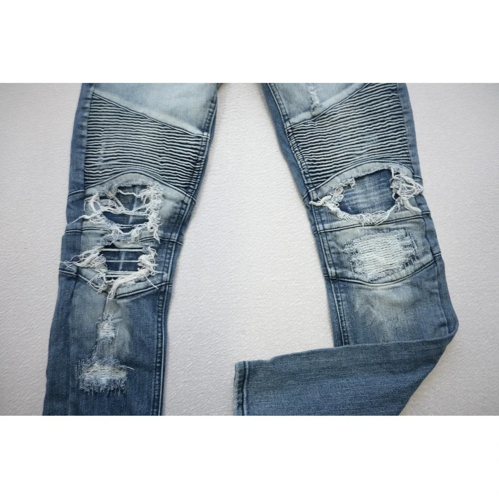 Heritage America Moto Jeans Mens 32x33 Blue Distressed Biker Slim Fit Excellent